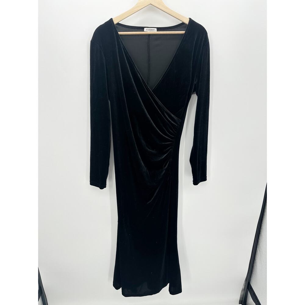 Zaberry Women Black Faux Wrap Velvet Bodycon Long Sleeve Midi Dress Size L